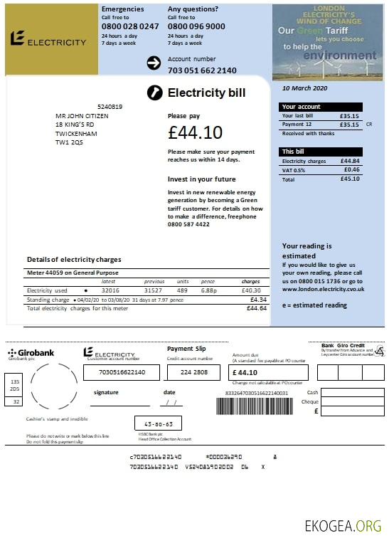 United Kingdom electricity utility bill template in word and pdf format template